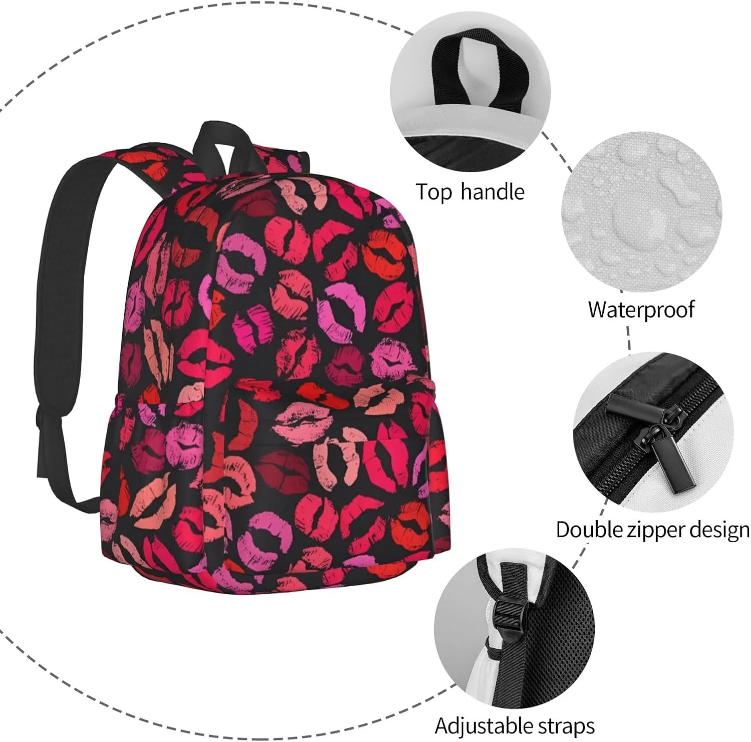 Red Nice Lip Imprint Backpack Casual Laptop Backpack Large Capacity Double Shoulder Bag Travel Daypack For Women Men