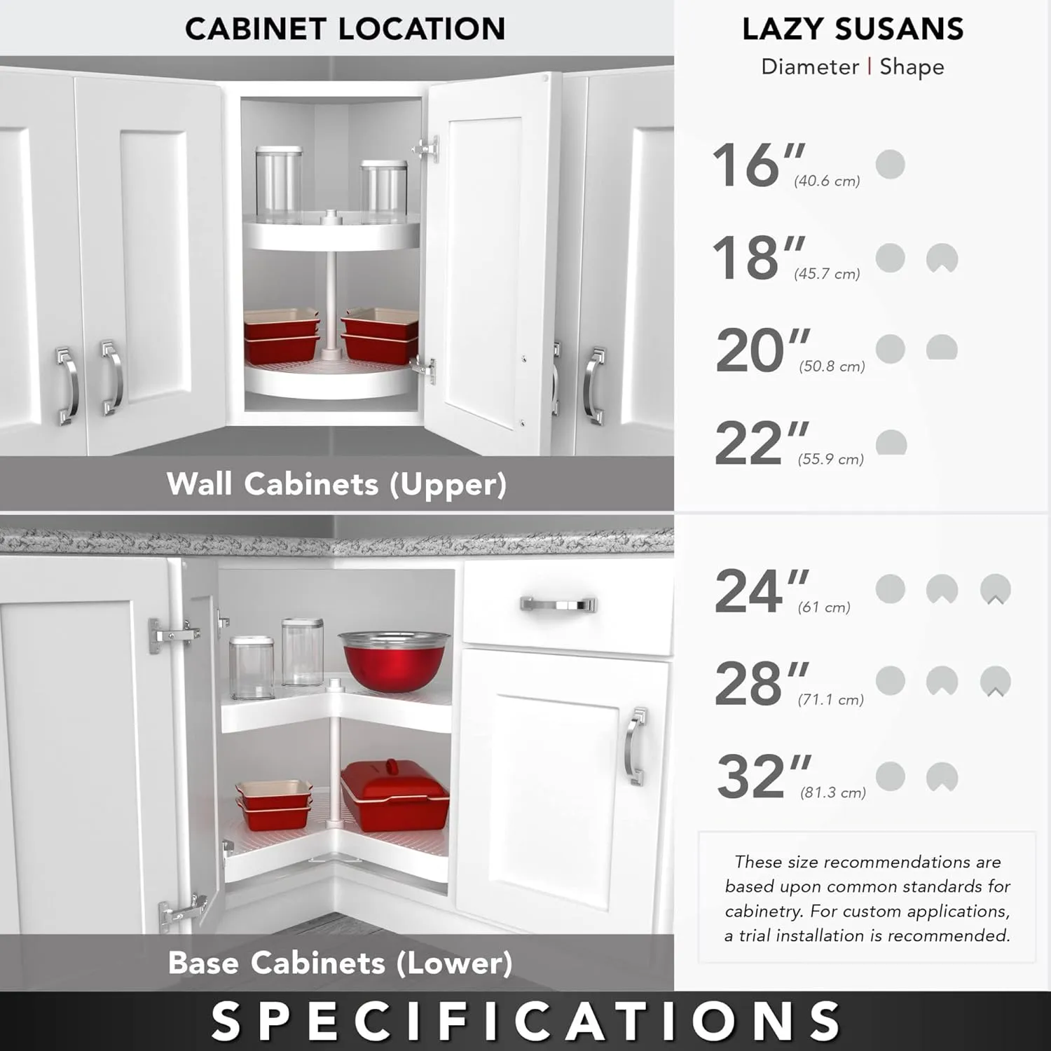 Rev-A-Shelf 2 Tier Kidney Cut Lazy Susan for Corner Base Cabinets, Plastic, 28" Double Shelf Swivel Kitchen Spice/Can Organizer, White, 3472-28-11-52