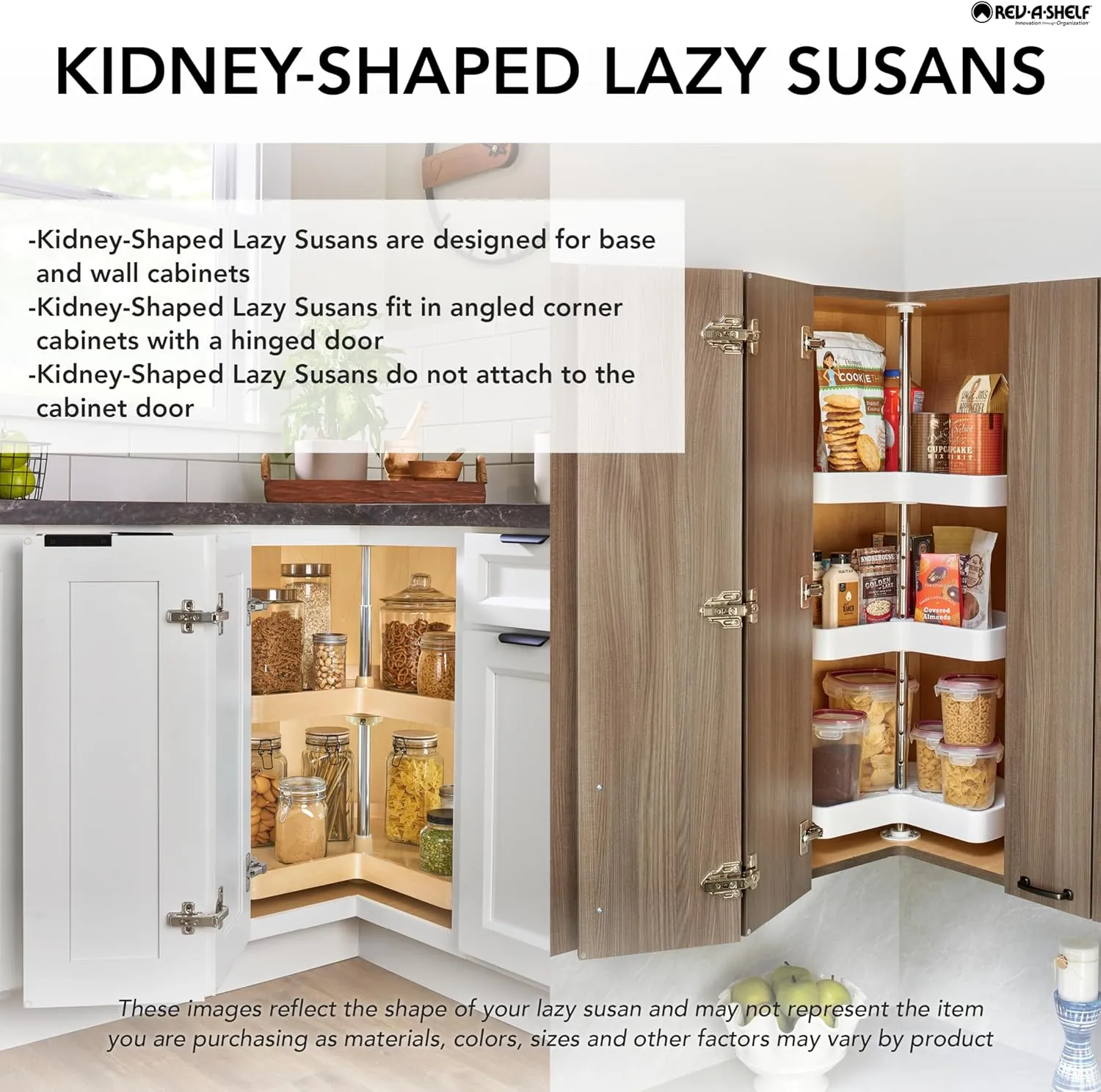 Rev-A-Shelf 2 Tier Kidney Cut Lazy Susan for Corner Base Cabinets, Plastic, 28" Double Shelf Swivel Kitchen Spice/Can Organizer, White, 3472-28-11-52