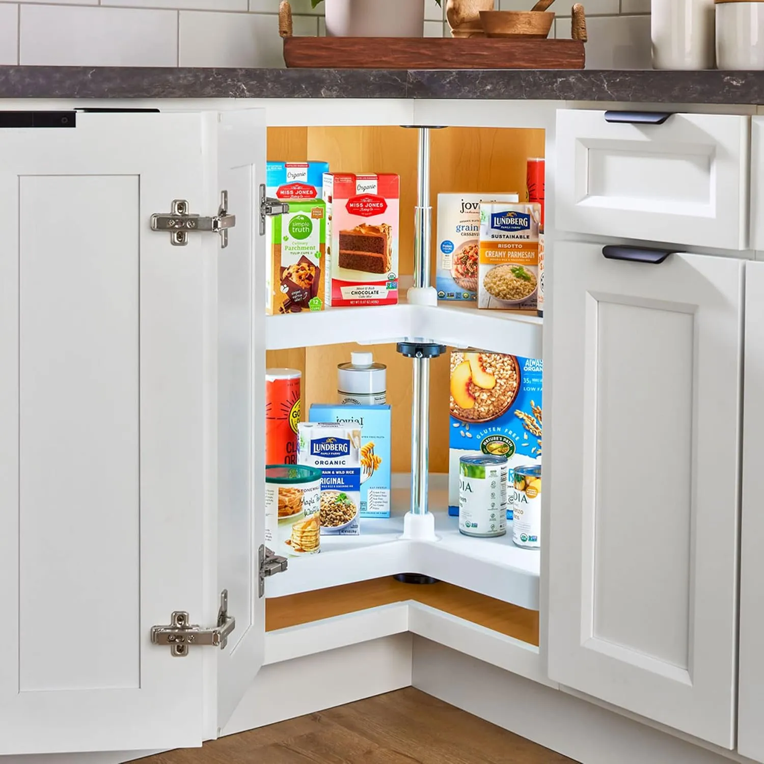 Rev-A-Shelf 2 Tier Kidney Cut Lazy Susan for Corner Base Cabinets, Plastic, 28" Double Shelf Swivel Kitchen Spice/Can Organizer, White, 3472-28-11-52