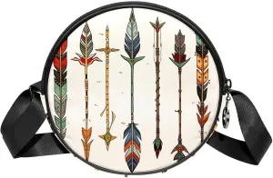 Round Cross Body Bag for Women, Long Strap Crossbody Bag, colorful pattern feather and arrows