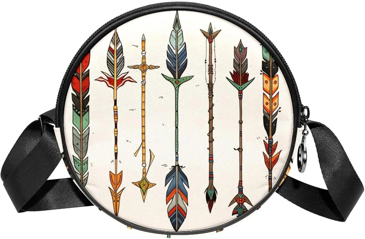 Round Cross Body Bag for Women, Long Strap Crossbody Bag, colorful pattern feather and arrows