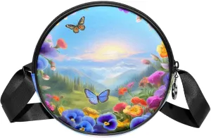 Round Cross Body Bag for Women, Long Strap Crossbody Bag, sunrise pattern flower and butterflies