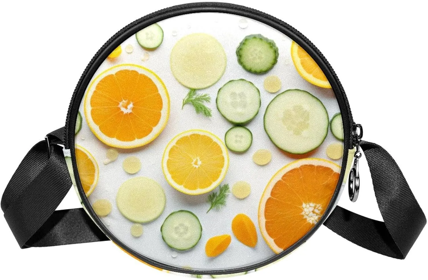 Round Cross Body Bag, Womens Purses, Long Strap Crossbody Bag for Traveling, Orange Cucumber and Leaf