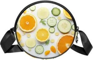 Round Cross Body Bag, Womens Purses, Long Strap Crossbody Bag for Traveling, Orange Cucumber and Leaf