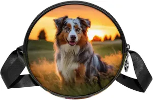 Round Cross Body Bag, Womens Purses, Long Strap Crossbody Bag for Traveling, Sunset and Animal Australian Shepherd Dog