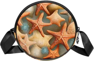 Round Crossbody Purse for Women, Shoulder Bag, Seashells and Starfish