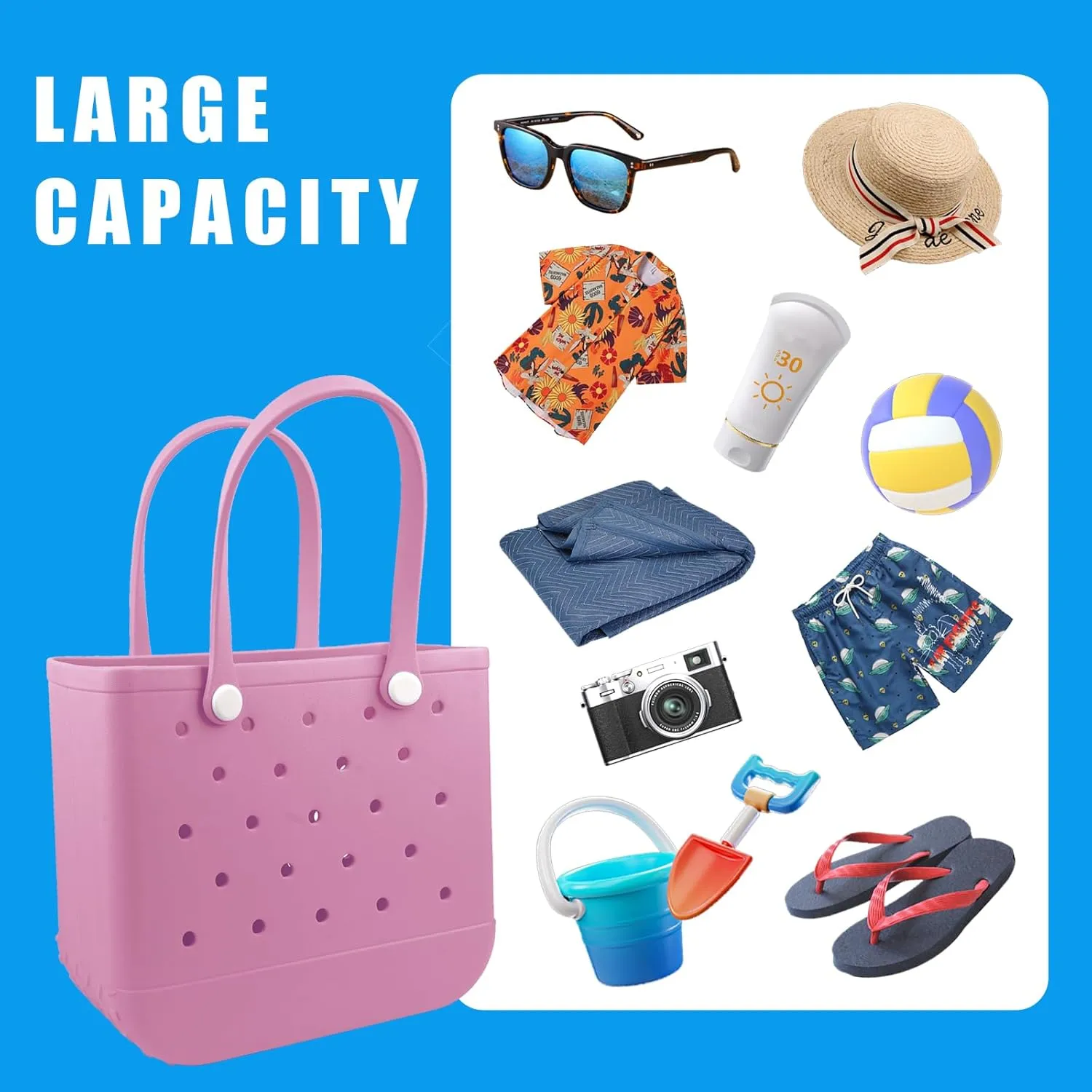 Rubber Beach Tote Bag - Waterproof Washable Durable Open Purses with Zipper Pocket and Phone Pouch for Pool Boat