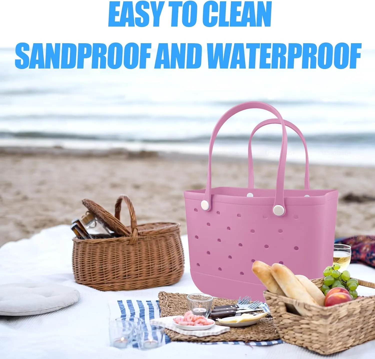 Rubber Beach Tote Bag - Waterproof Washable Durable Open Purses with Zipper Pocket and Phone Pouch for Pool Boat