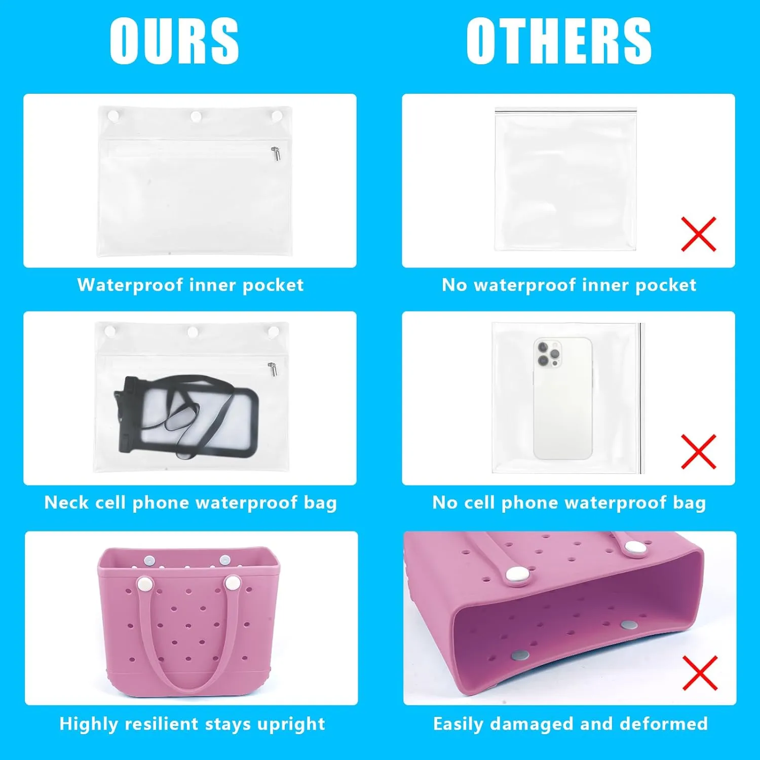 Rubber Beach Tote Bag - Waterproof Washable Durable Open Purses with Zipper Pocket and Phone Pouch for Pool Boat
