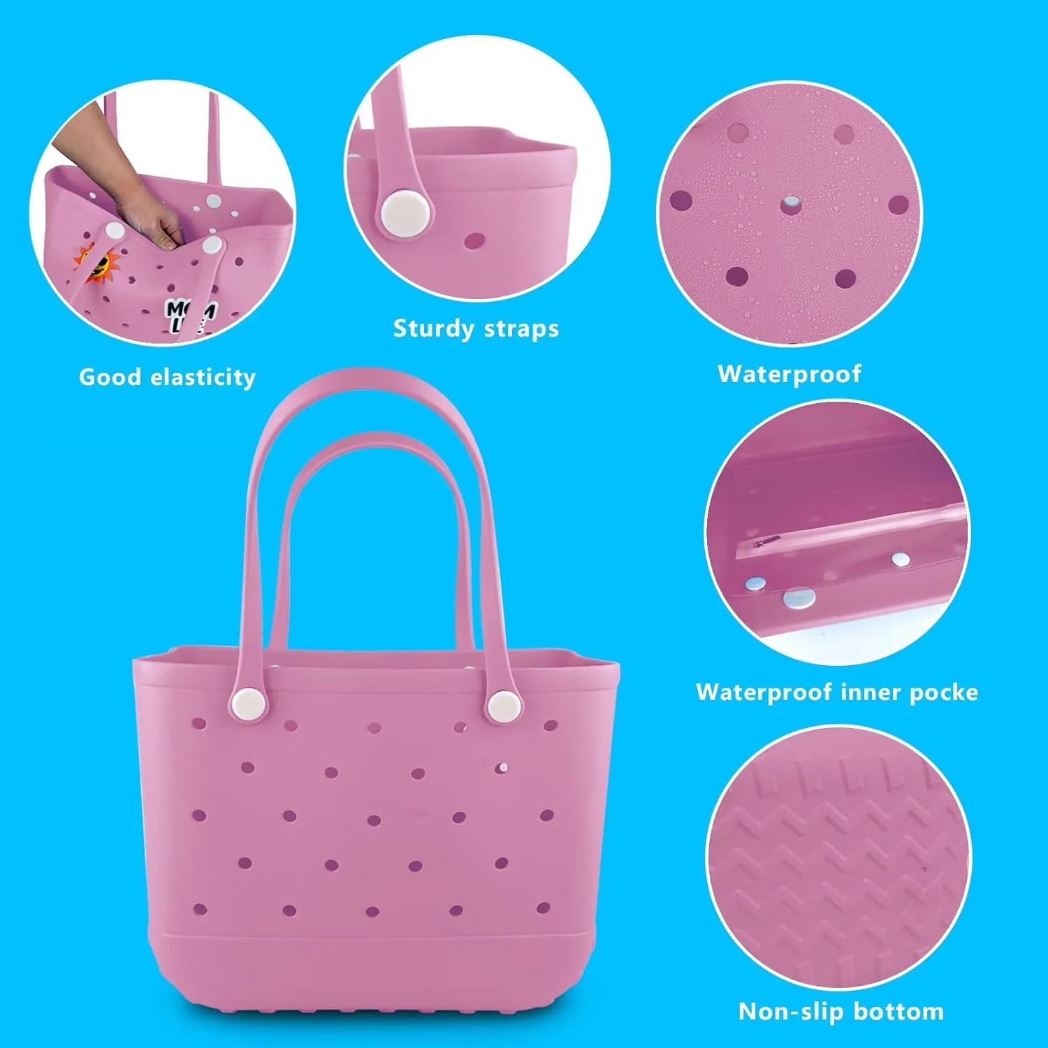 Rubber Beach Tote Bag - Waterproof Washable Durable Open Purses with Zipper Pocket and Phone Pouch for Pool Boat