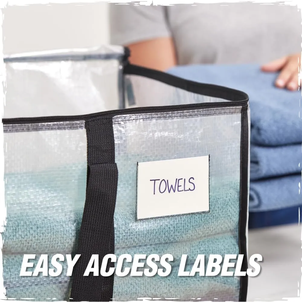 RUGGED RHINO Heavy Duty Extra Large Moving Bags, 50lb Capacity Tote, Durable Water and Puncture Resistant Winter Clothes Storage Totes for Moving, Strong Carry Handles and Zippers, 2 Pack Translucent