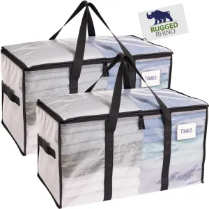 RUGGED RHINO Heavy Duty Extra Large Moving Bags, 50lb Capacity Tote, Durable Water and Puncture Resistant Winter Clothes Storage Totes for Moving, Strong Carry Handles and Zippers, 2 Pack Translucent