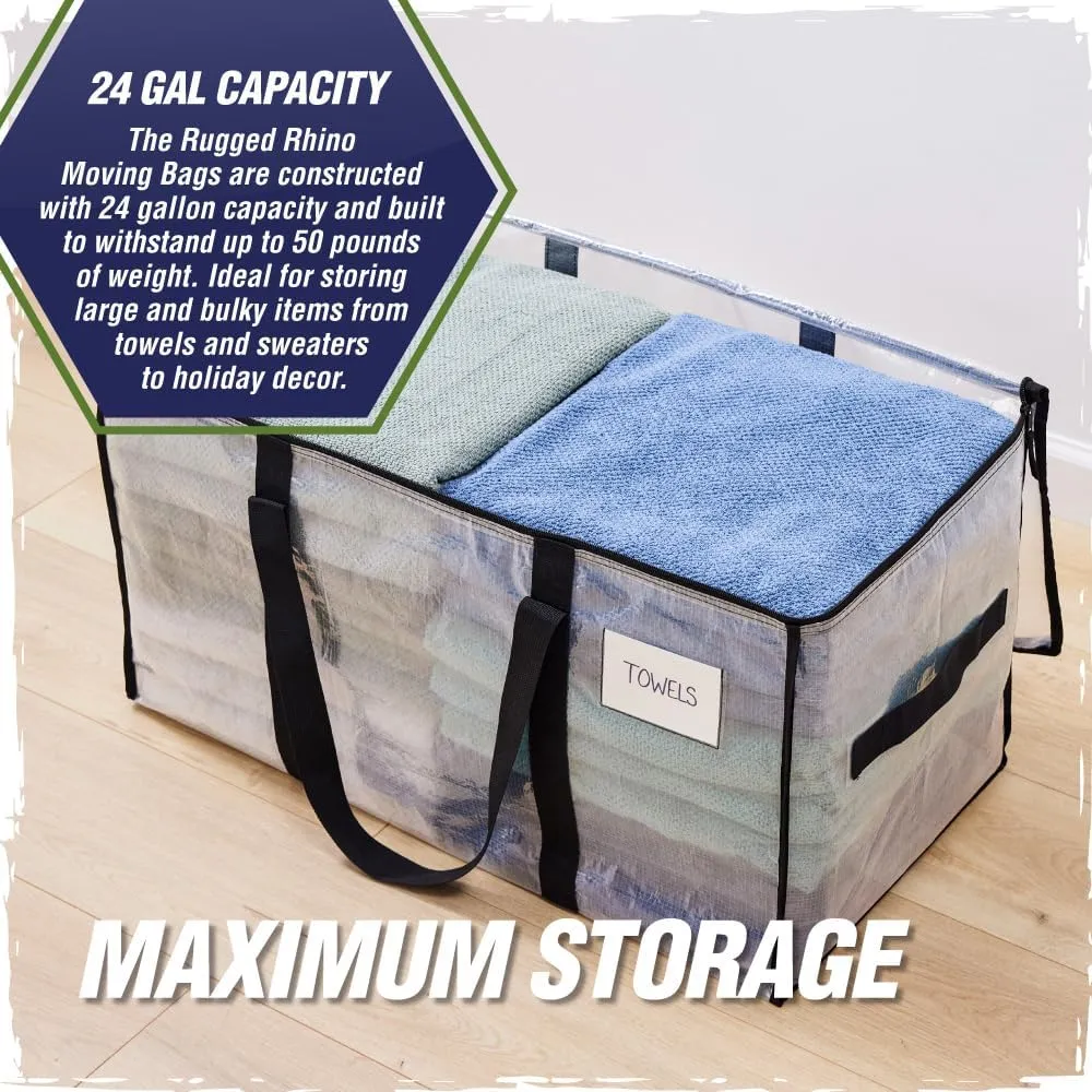 RUGGED RHINO Heavy Duty Extra Large Moving Bags, 50lb Capacity Tote, Durable Water and Puncture Resistant Winter Clothes Storage Totes for Moving, Strong Carry Handles and Zippers, 2 Pack Translucent