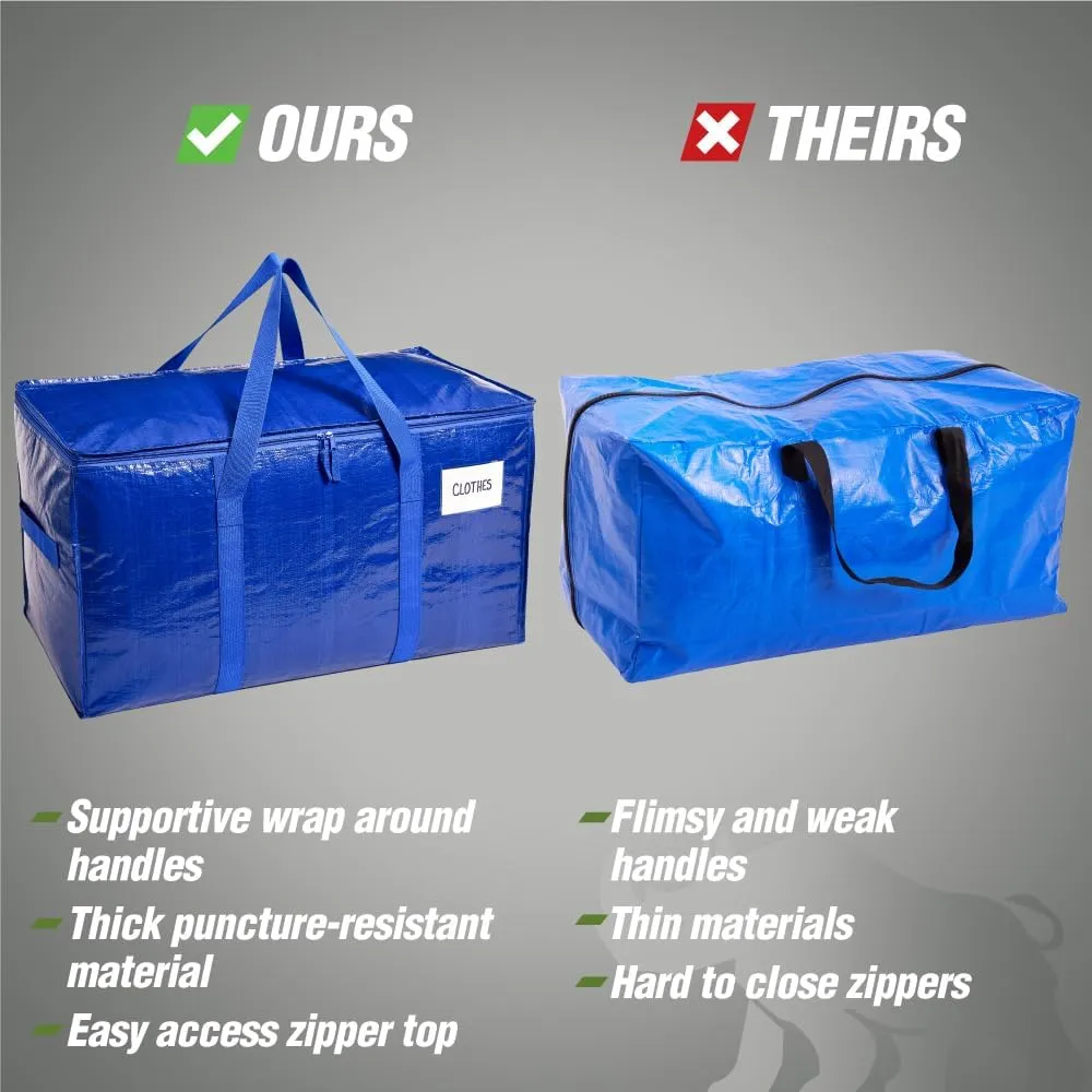 RUGGED RHINO Heavy Duty Extra Large Moving Bags, 50lb Capacity Tote, Durable Water and Puncture Resistant Winter Clothes Storage Totes for Moving, Strong Carry Handles and Zippers, 2 Pack Translucent