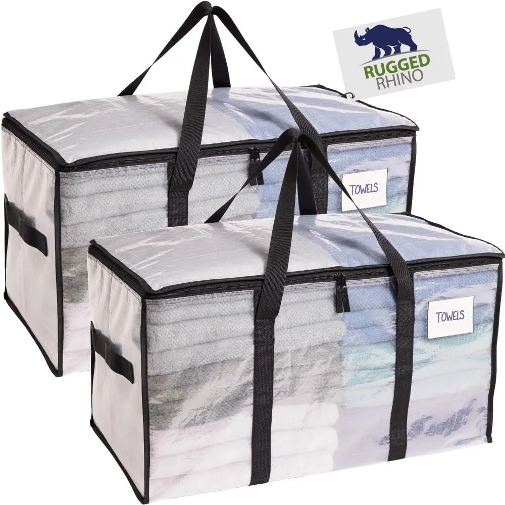 RUGGED RHINO Heavy Duty Extra Large Moving Bags, 50lb Capacity Tote, Durable Water and Puncture Resistant Winter Clothes Storage Totes for Moving, Strong Carry Handles and Zippers, 2 Pack Translucent