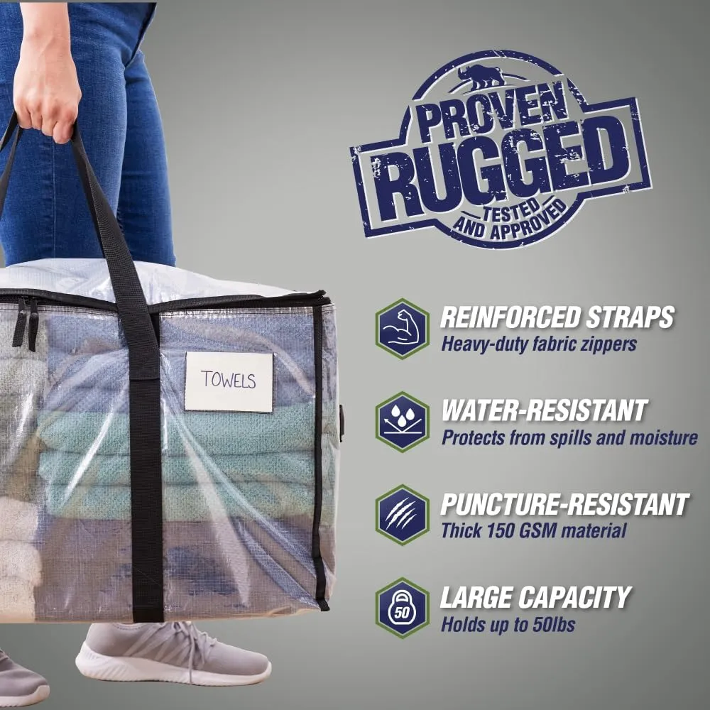 RUGGED RHINO Heavy Duty Extra Large Moving Bags, 50lb Capacity Tote, Durable Water and Puncture Resistant Winter Clothes Storage Totes for Moving, Strong Carry Handles and Zippers, 2 Pack Translucent