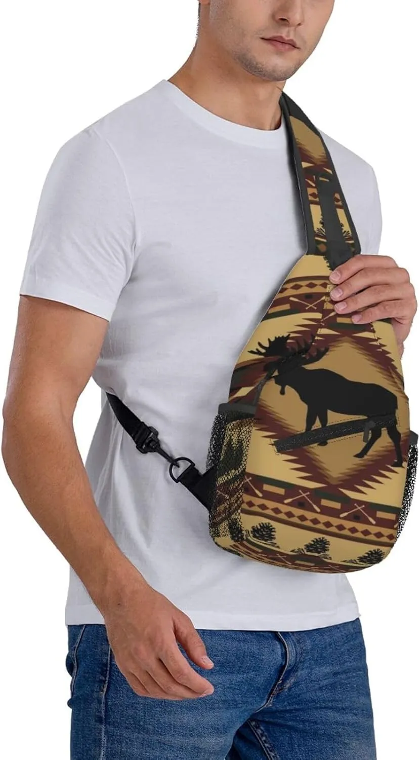 Rustic Lodge Bear Moose Deer Men'S Crossbody Bag Travel Hiking Shoulder Backpack Chest Bag