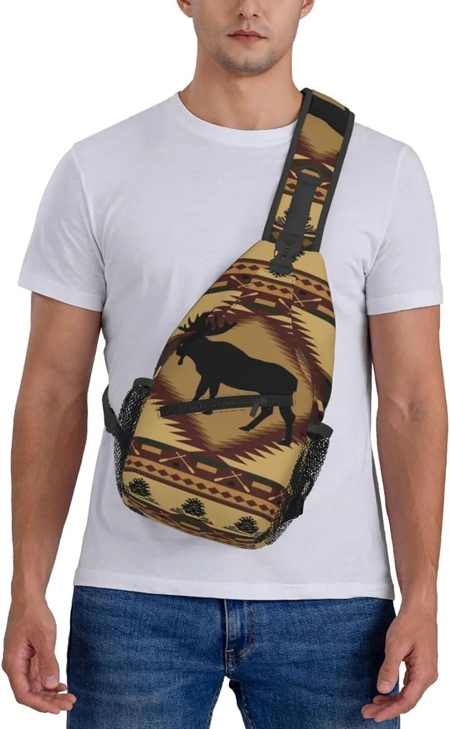 Rustic Lodge Bear Moose Deer Men'S Crossbody Bag Travel Hiking Shoulder Backpack Chest Bag