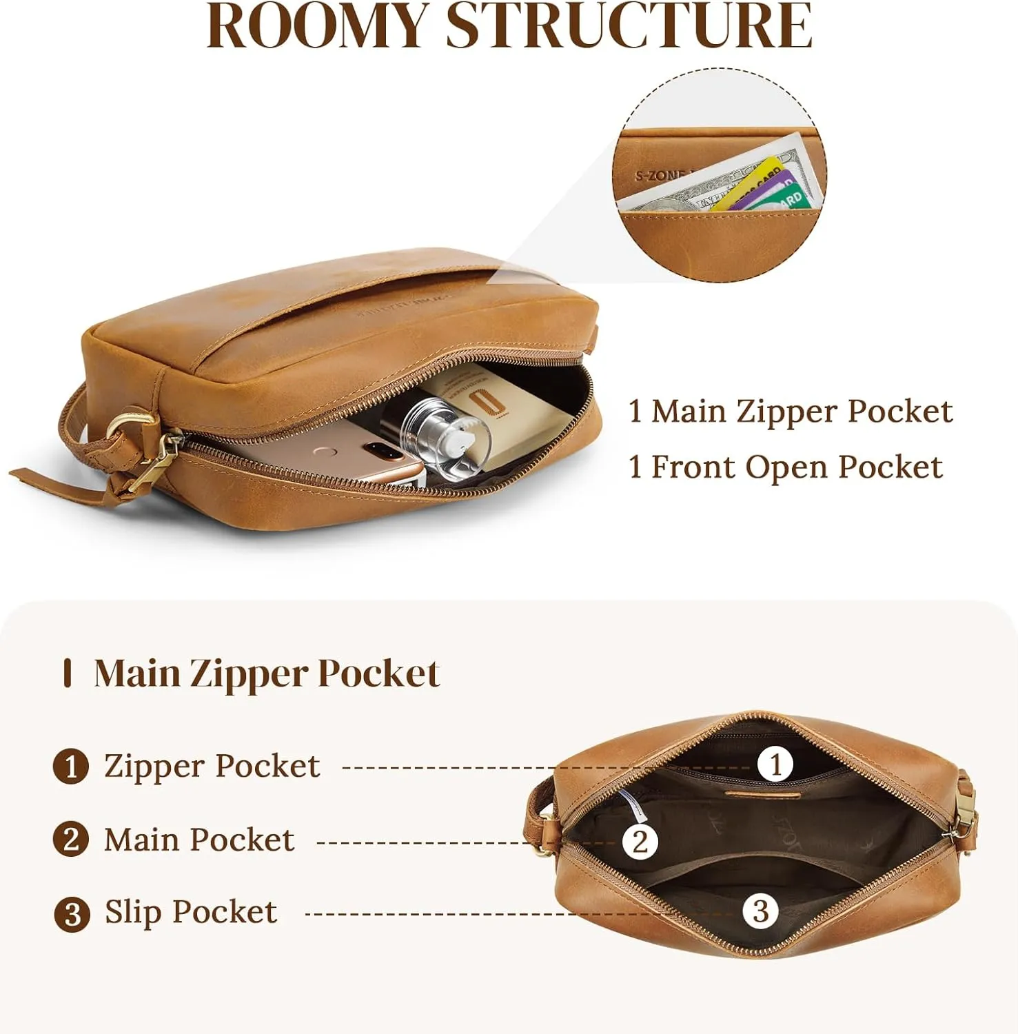 S-ZONE Crossbody Bags for Women Top Grain Leather Shoulder Handbags Camera Bag Purse Adjustable Strap Travel Daily Gift