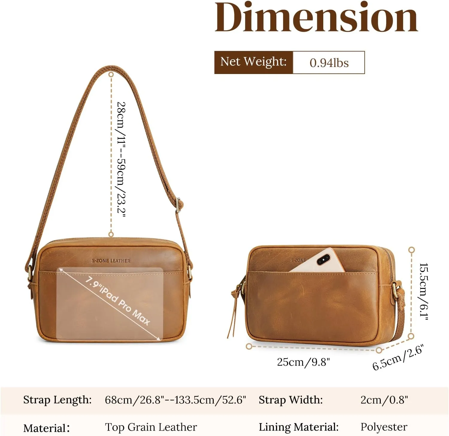 S-ZONE Crossbody Bags for Women Top Grain Leather Shoulder Handbags Camera Bag Purse Adjustable Strap Travel Daily Gift
