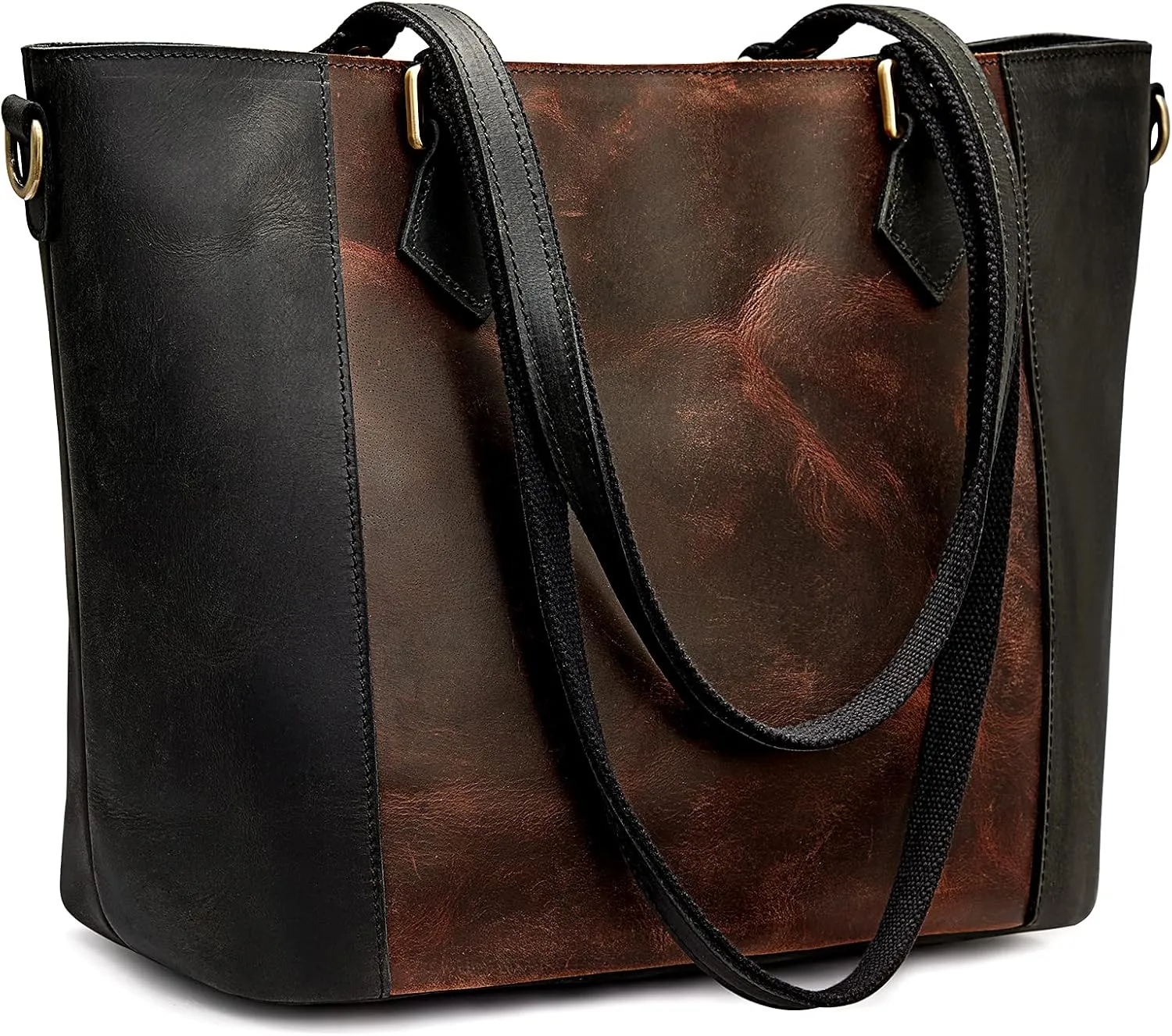 S-ZONE Women Vintage Genuine Leather Tote Bag Shoulder Handbag Crossbody Purse Two Tone