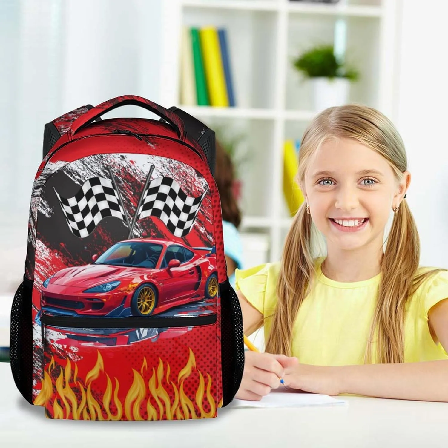 School Backpack for Kids, 17 Inch Fashion Car Backpacks for Boys Girls, Red Lightweight Bookbag for Elementary