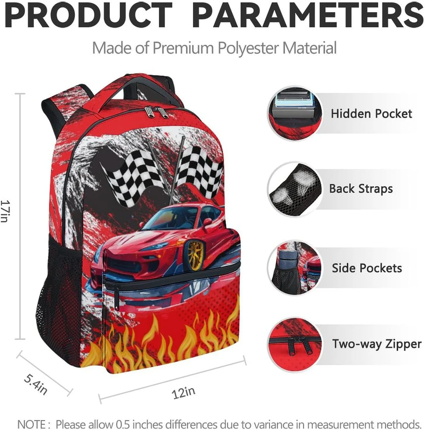 School Backpack for Kids, 17 Inch Fashion Car Backpacks for Boys Girls, Red Lightweight Bookbag for Elementary