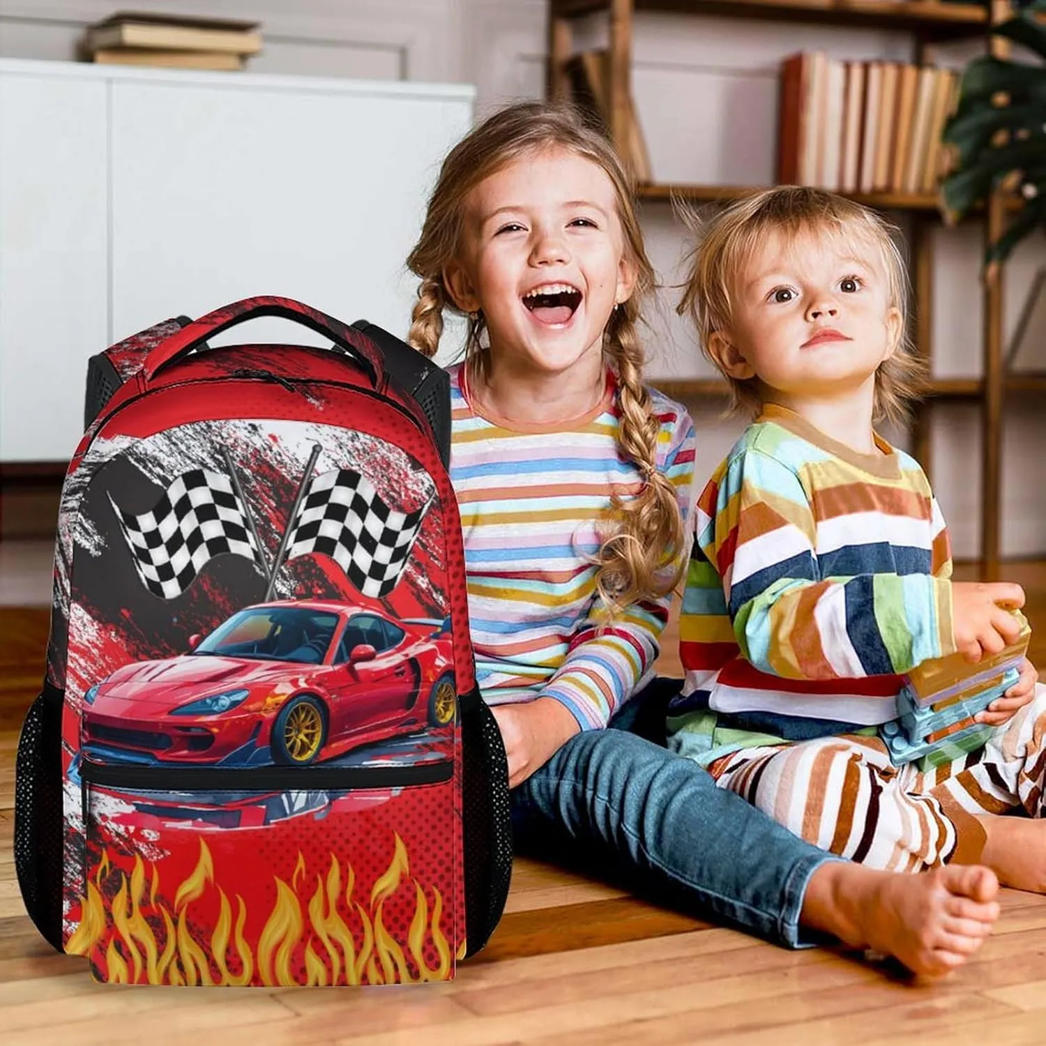 School Backpack for Kids, 17 Inch Fashion Car Backpacks for Boys Girls, Red Lightweight Bookbag for Elementary