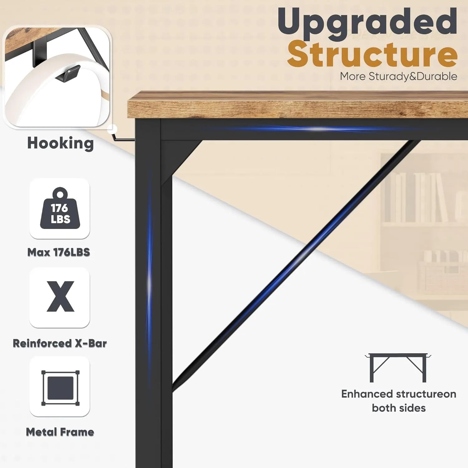 Shahoo Computer Desk, 48 Inch Office Writing Work Table, with Storage Bag and Hook, for Home, Study, Rustic Brown