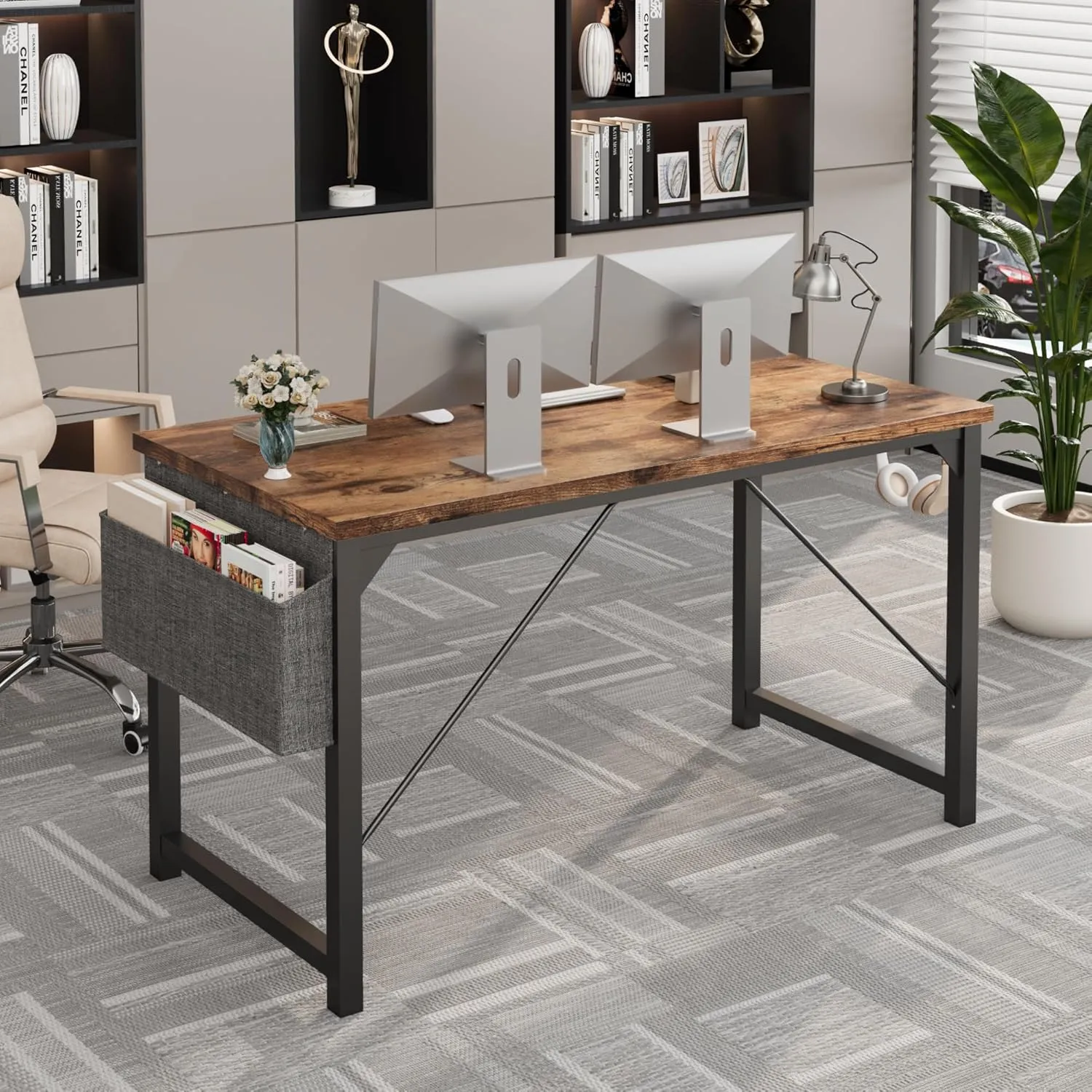 Shahoo Computer Desk, 48 Inch Office Writing Work Table, with Storage Bag and Hook, for Home, Study, Rustic Brown