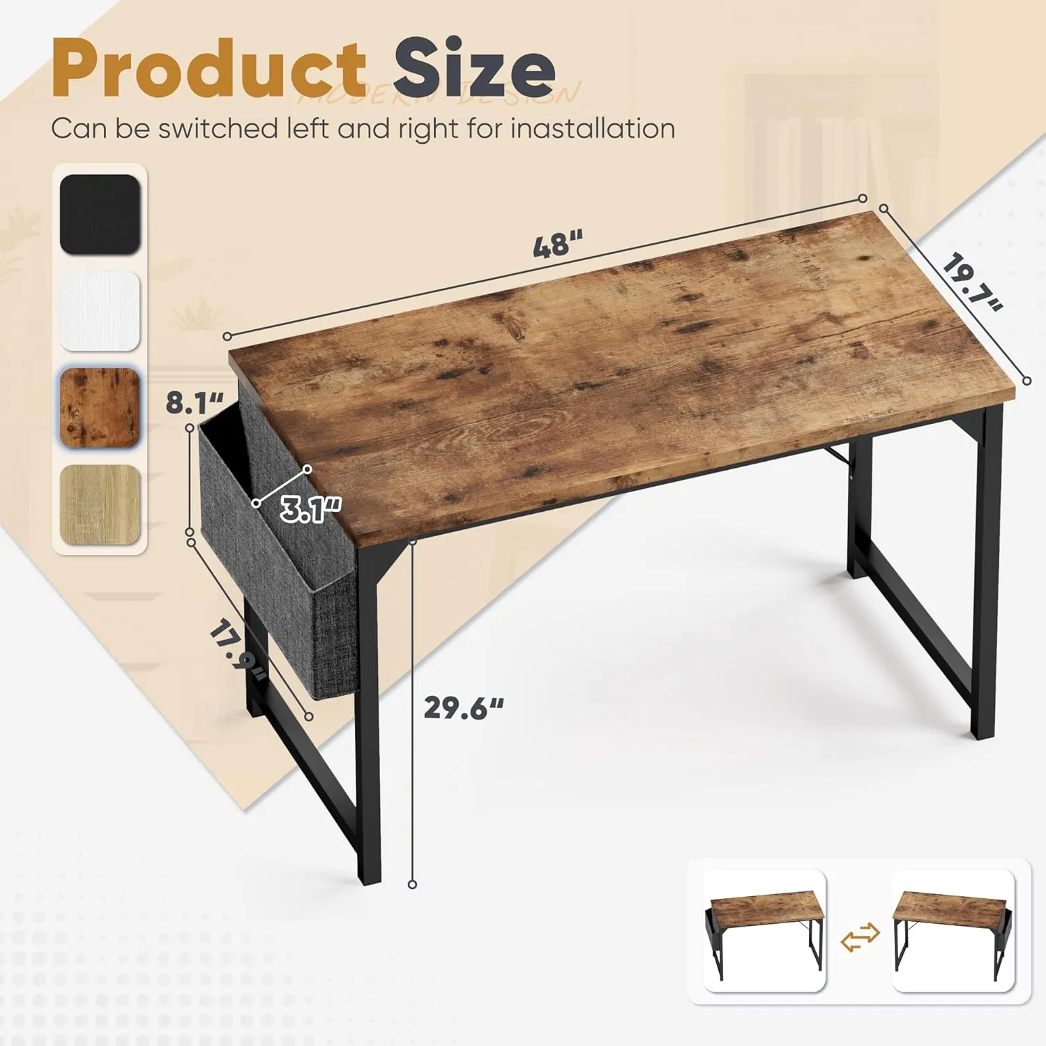 Shahoo Computer Desk, 48 Inch Office Writing Work Table, with Storage Bag and Hook, for Home, Study, Rustic Brown
