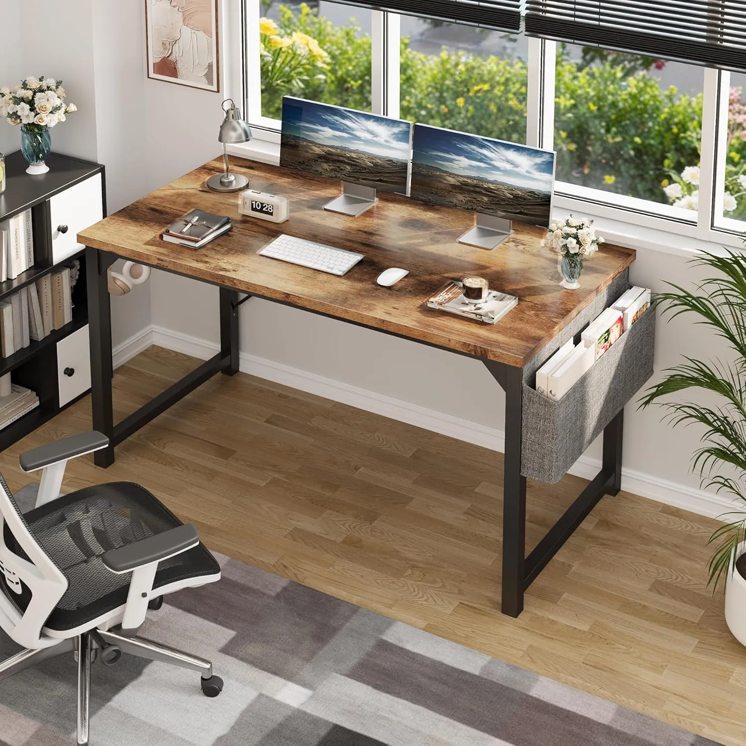 Shahoo Computer Desk, 48 Inch Office Writing Work Table, with Storage Bag and Hook, for Home, Study, Rustic Brown