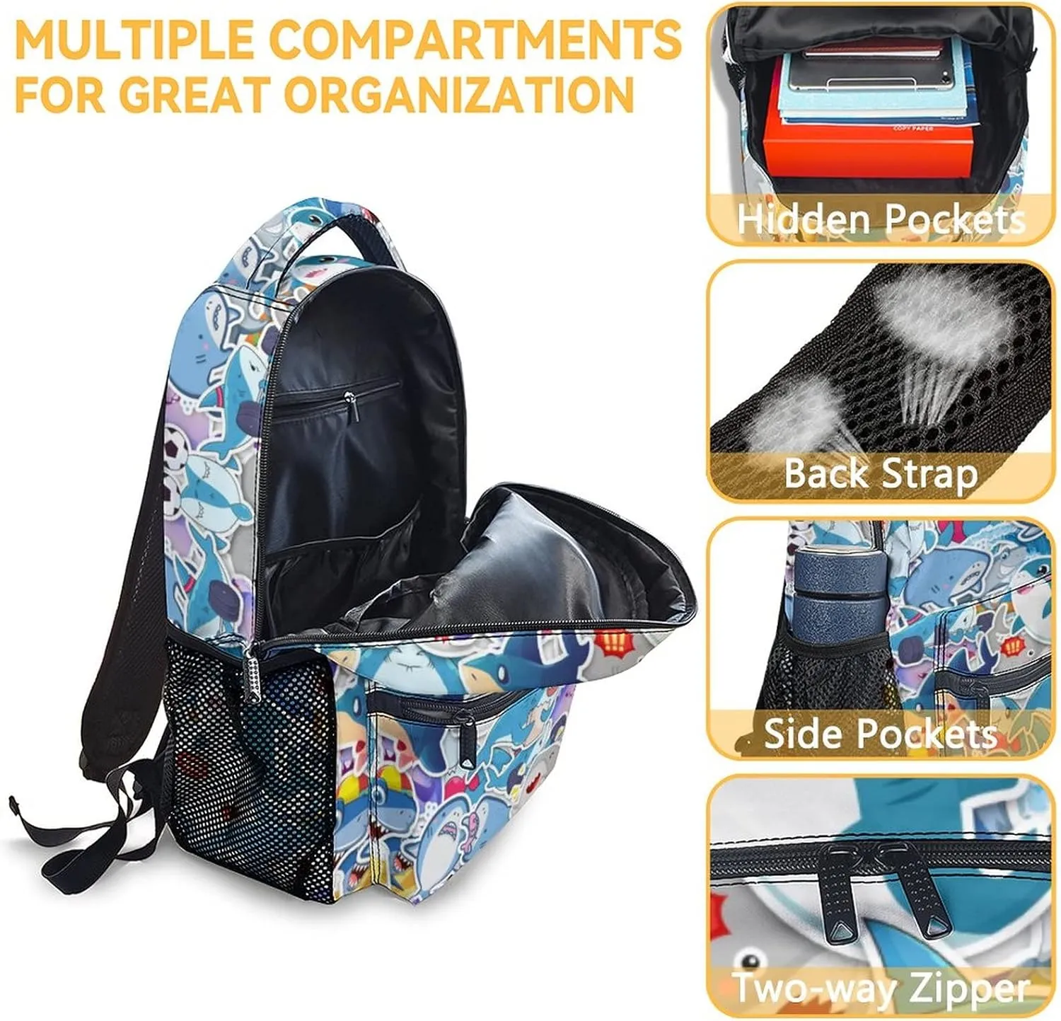 Shark Backpack for Girls Boys - 16 Inch Colorful Backpacks for School - Cute Lightweight Durable Bookbag for Kids