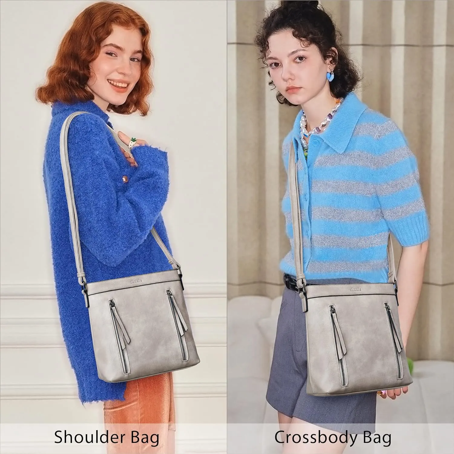 Shrrie Quilted Crossbody Bags for Women - Vegan Leather Crossbody Purses Triple Pocket Small Purses for Women Wide Strap