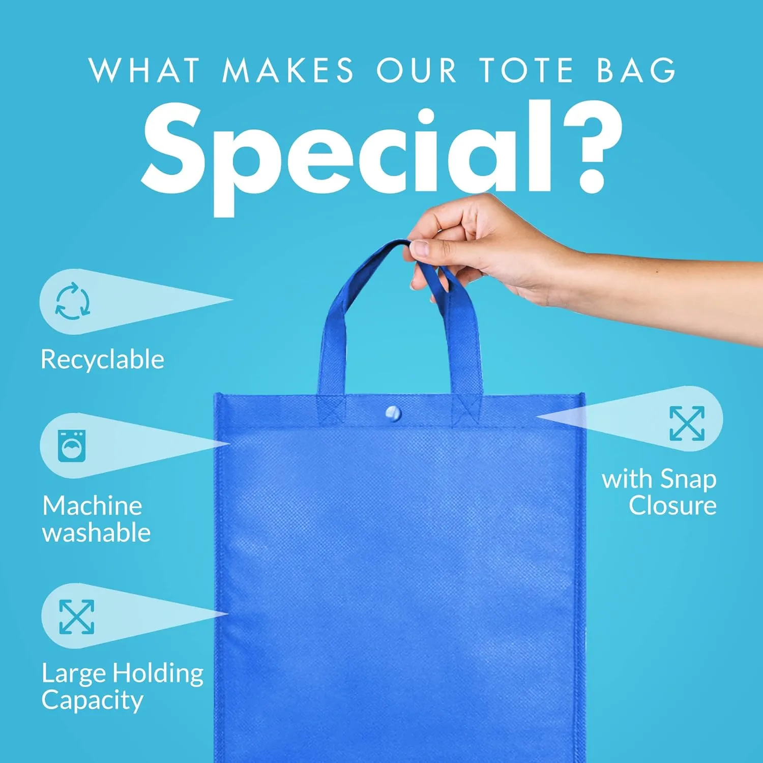 Simply Green Solutions - Reusable Grocery Bags, Durable Large Tote Bags, Shopping Bags for Groceries, Utility Tote, Reusable Gift Bags With Handles, 14 x 16.5 x 6, Pack of 10, Electric Blue