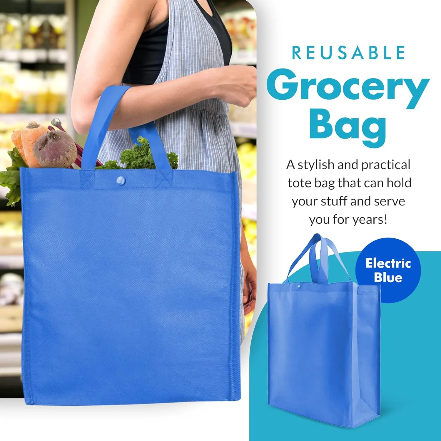 Simply Green Solutions - Reusable Grocery Bags, Durable Large Tote Bags, Shopping Bags for Groceries, Utility Tote, Reusable Gift Bags With Handles, 14 x 16.5 x 6, Pack of 10, Electric Blue