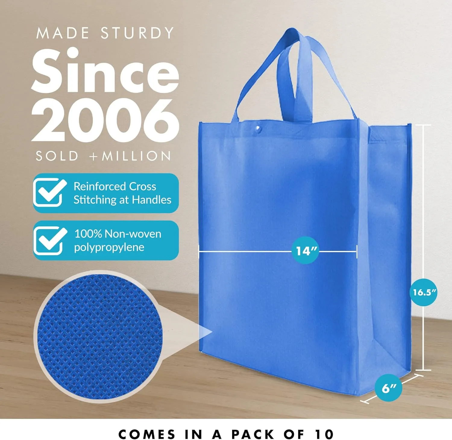 Simply Green Solutions - Reusable Grocery Bags, Durable Large Tote Bags, Shopping Bags for Groceries, Utility Tote, Reusable Gift Bags With Handles, 14 x 16.5 x 6, Pack of 10, Electric Blue