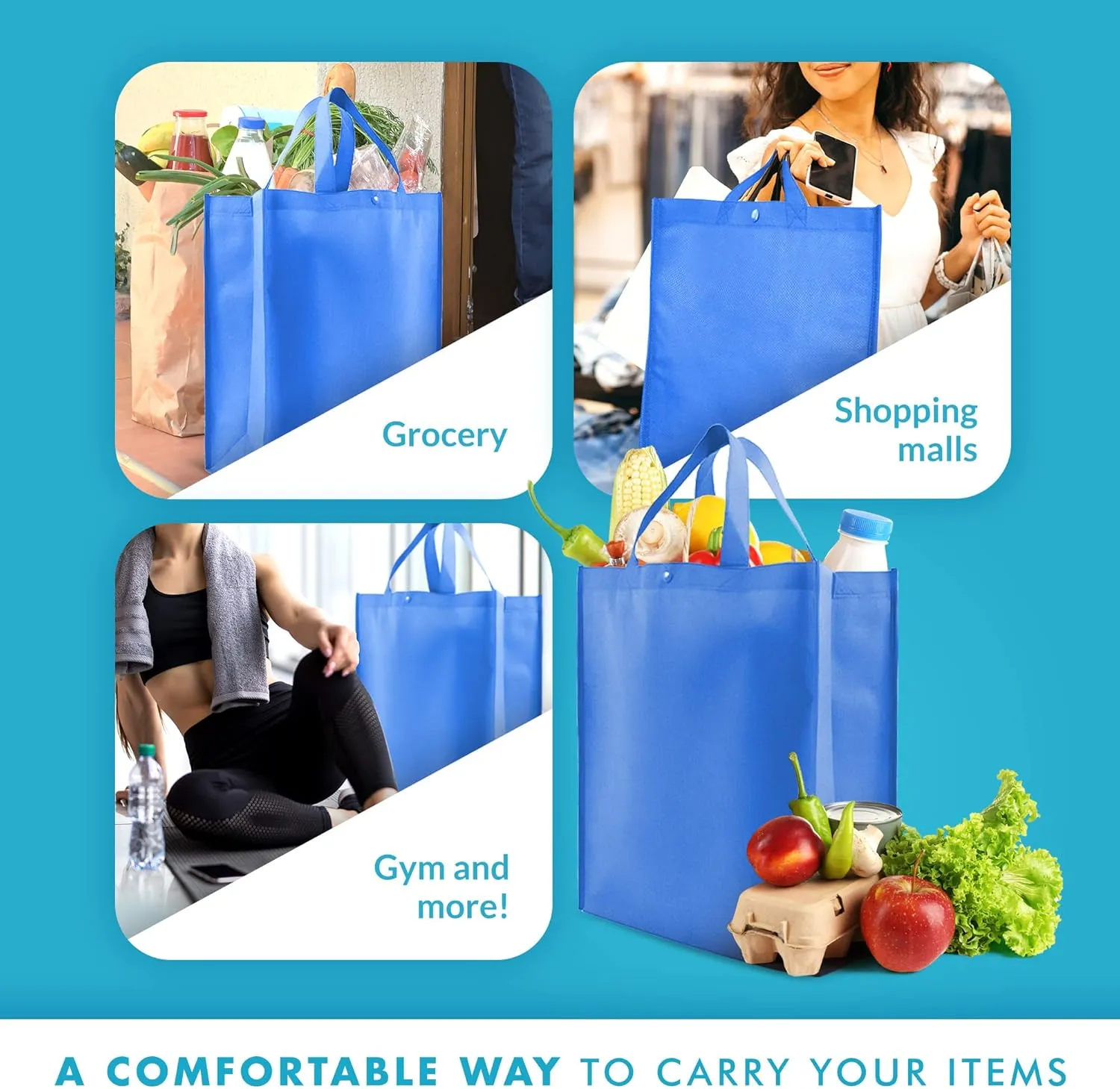 Simply Green Solutions - Reusable Grocery Bags, Durable Large Tote Bags, Shopping Bags for Groceries, Utility Tote, Reusable Gift Bags With Handles, 14 x 16.5 x 6, Pack of 10, Electric Blue