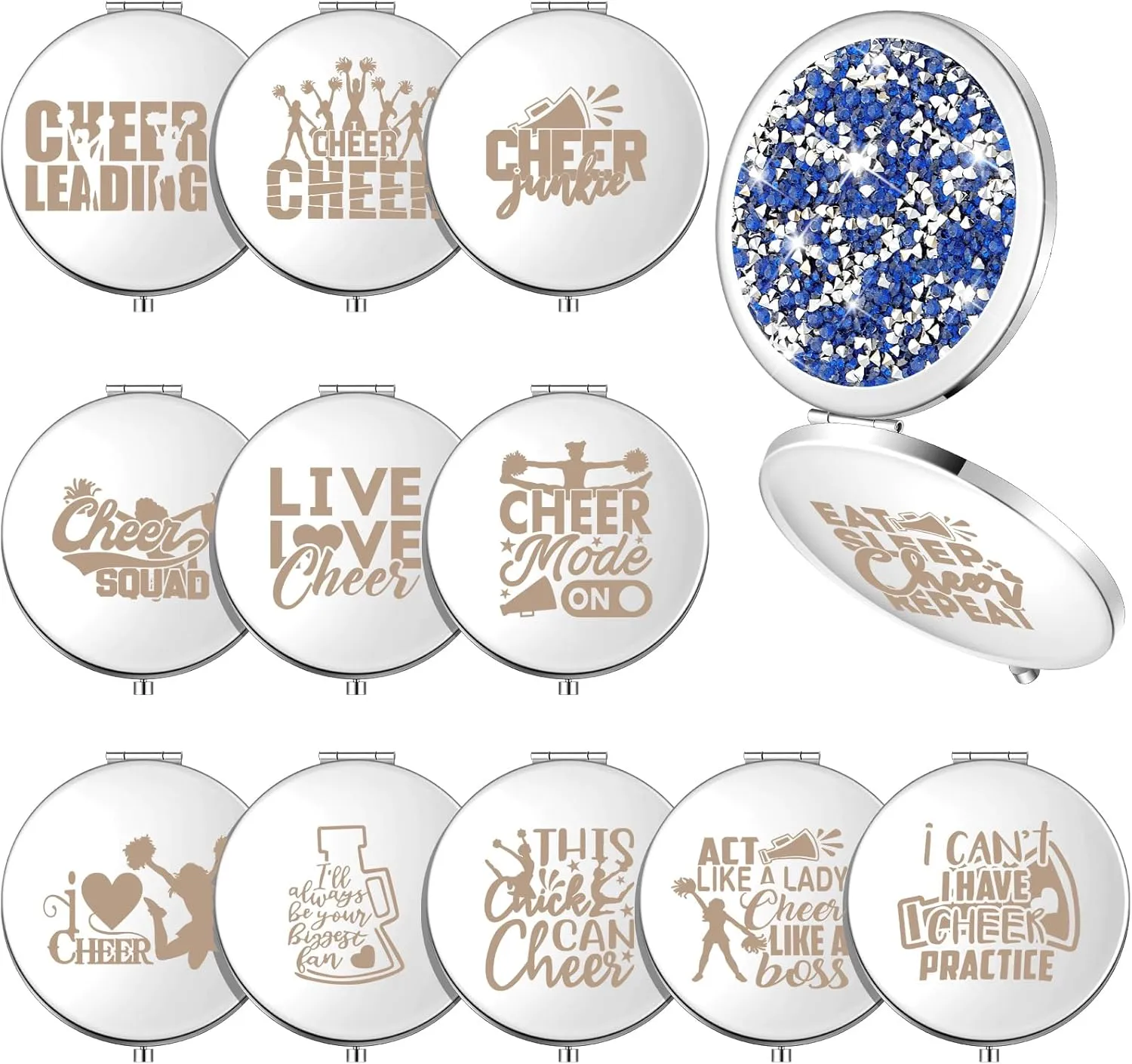 Sintuff 12 Pcs Cheer Gifts for Cheerleaders Compact Mirror Bulk for Cheer Team Coach Cheerleading Gifts Folding Pocket Cosmetic Purse Mirror Accessories(Silver)