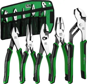 SK 5-Piece Pliers Set, 8" Needle Nose & Slip Joint & Diagonal Pliers, 9.5" Linesman Plier, and 10" Groove Joint Plier, CR-V Construction, Anti-slip Handle, with Rolling Pouch