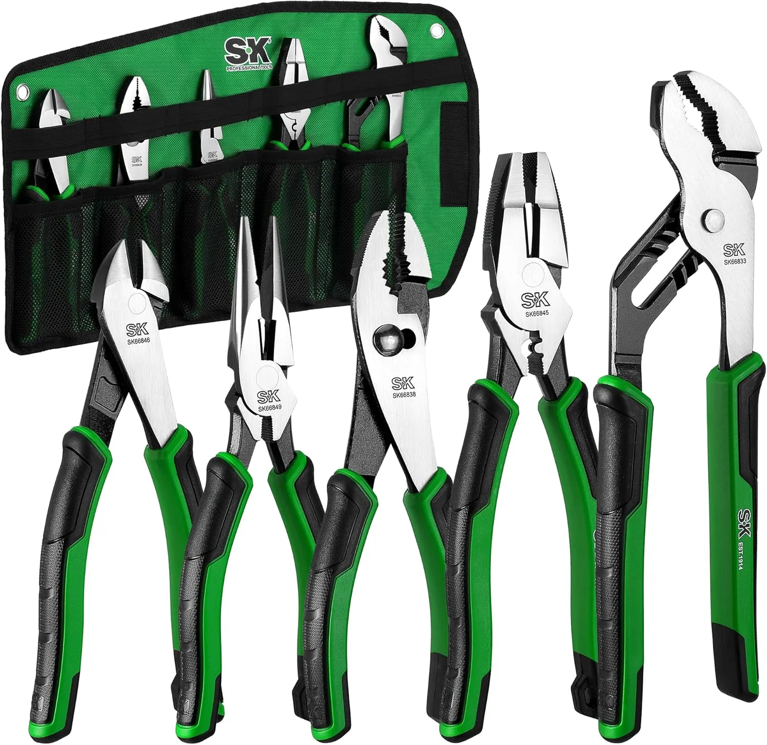 SK 5-Piece Pliers Set, 8" Needle Nose & Slip Joint & Diagonal Pliers, 9.5" Linesman Plier, and 10" Groove Joint Plier, CR-V Construction, Anti-slip Handle, with Rolling Pouch