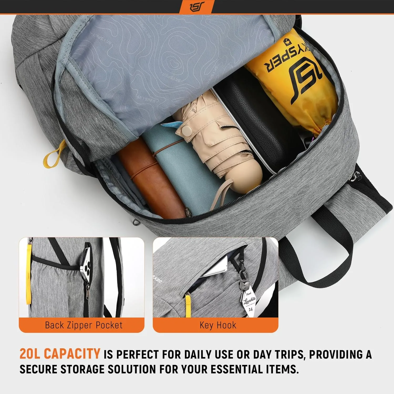 SKYSPER Small Backpack 20L Hiking Backpack Lightweight Travel Daypack for Women Men(Grey)