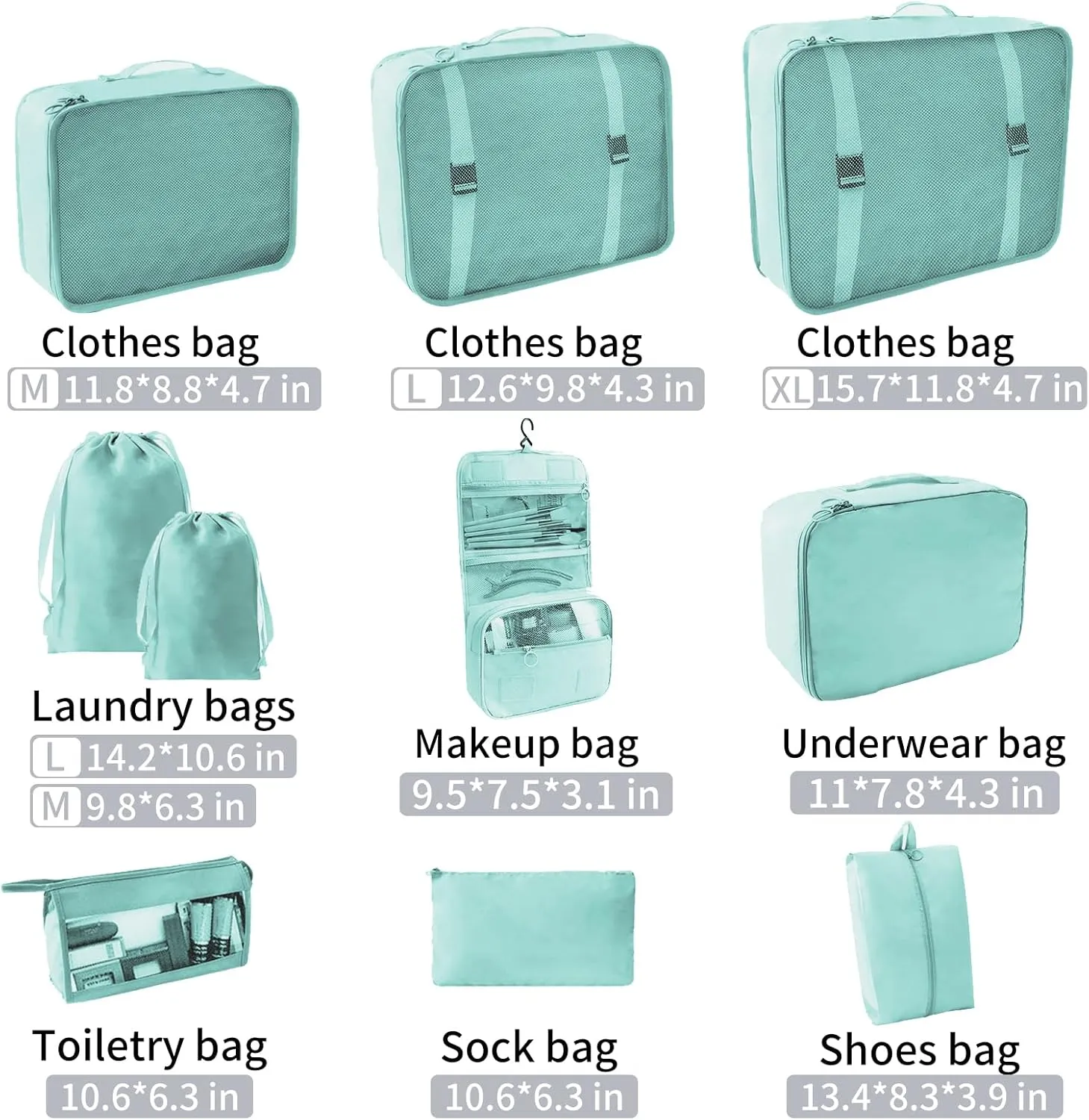 SLMT 10 Set Packing Cubes for Suitcases, Luggage Organizer Bags for Carry On, Travel Bags Organizer for Luggage, Must Have Travel Essentials for Women and Men (Cyan)