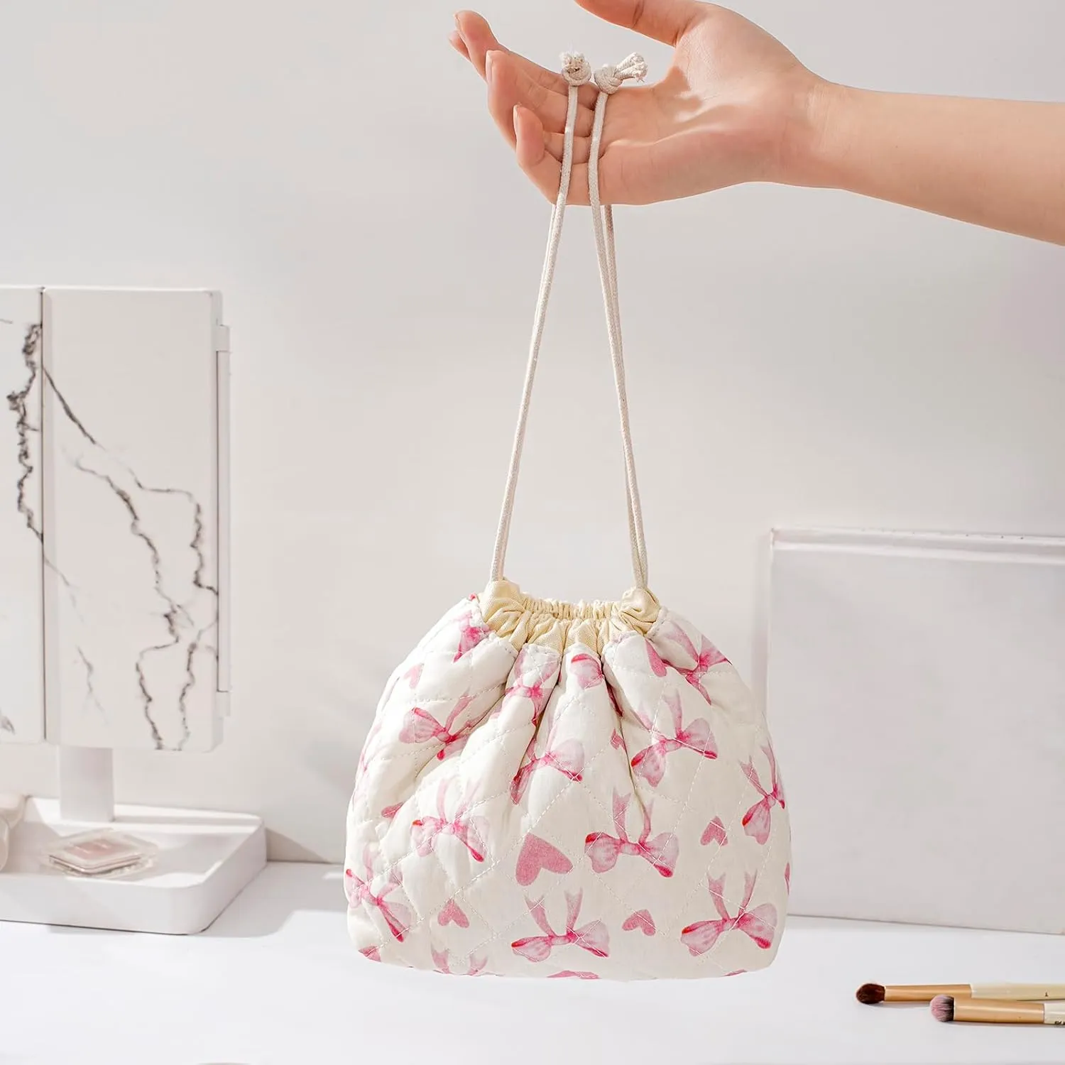 Small Cotton Quilted Drawstring Makeup Bag, Cute Coquette Drawstring Cosmetic Bag with Canvas Lining, Aesthetic Travel Organized Toiletry Bags for Purse (14Beige Pink Bow)