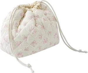 Small Cotton Quilted Drawstring Makeup Bag, Cute Coquette Drawstring Cosmetic Bag with Canvas Lining, Aesthetic Travel Organized Toiletry Bags for Purse (14Beige Pink Bow)