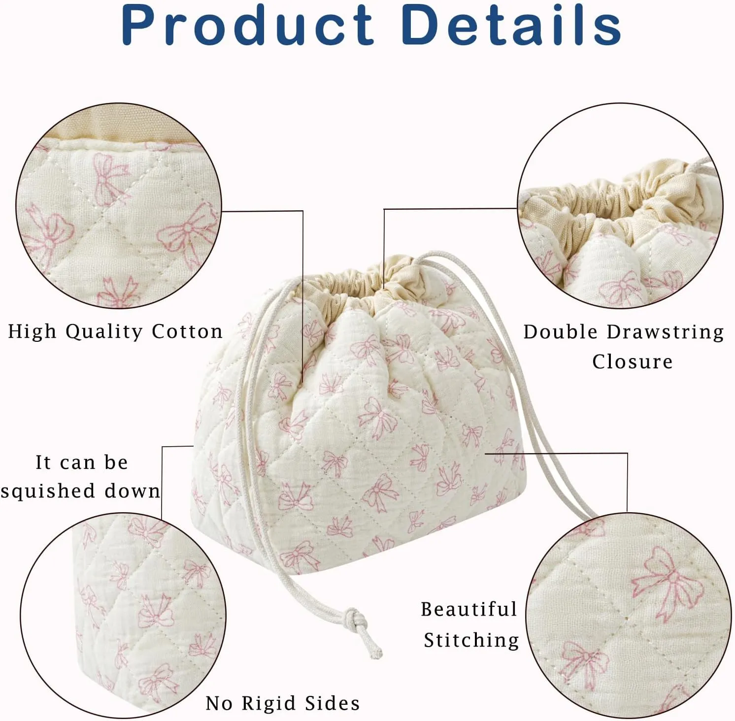 Small Cotton Quilted Drawstring Makeup Bag, Cute Coquette Drawstring Cosmetic Bag with Canvas Lining, Aesthetic Travel Organized Toiletry Bags for Purse (14Beige Pink Bow)