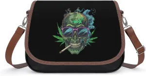 Smoking Skull with Weed Women's Crossbody Bag PU Leather Message Bag Shoulder Handbag Purse for Travel Office