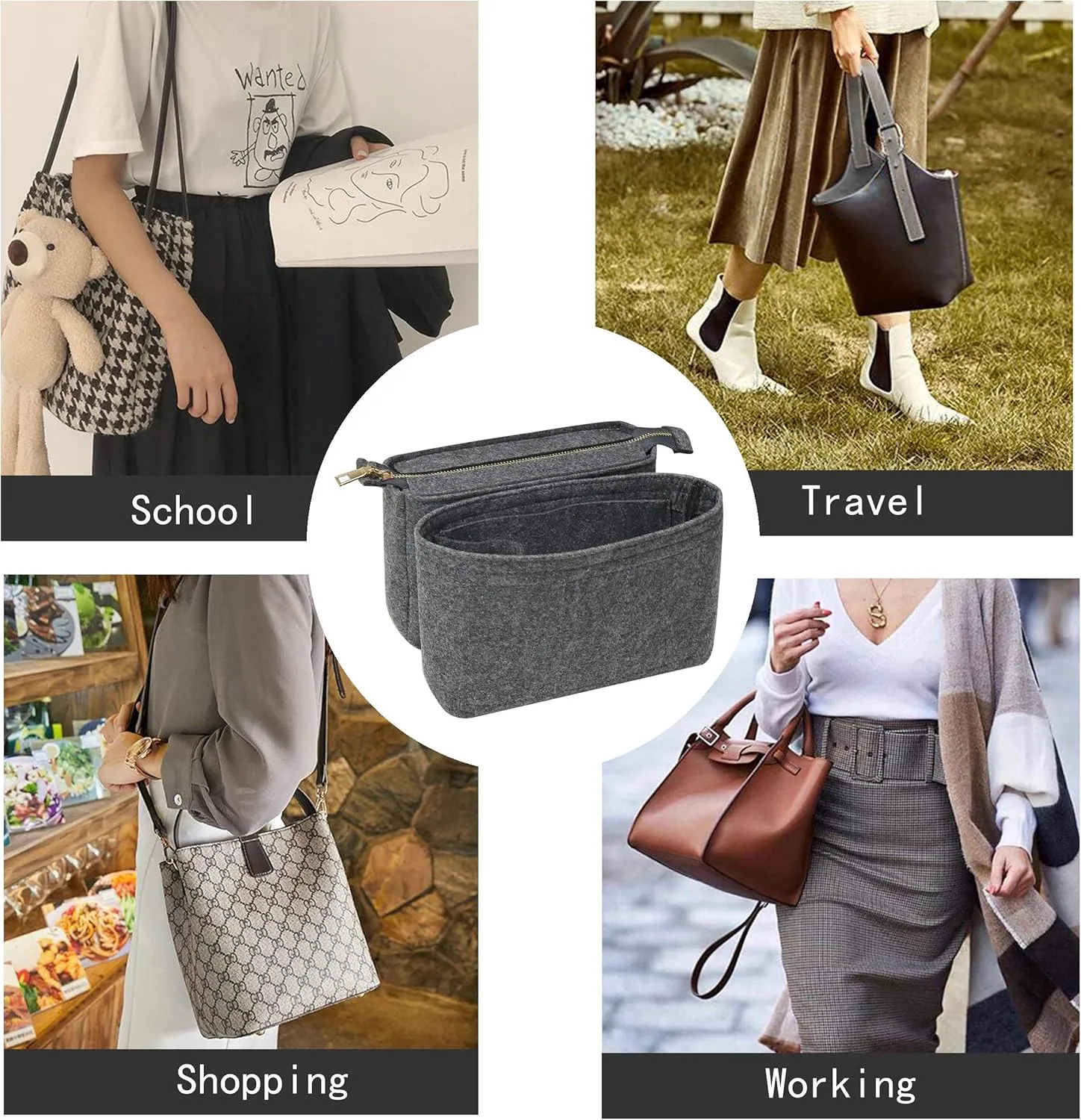 Soyizom Bag Insert Organizer,2 Packs Insert Purse Organizer Fits For Neo Noe, Small Handbag Purse Neo Noe Organizer with Zipper for Women,Grey