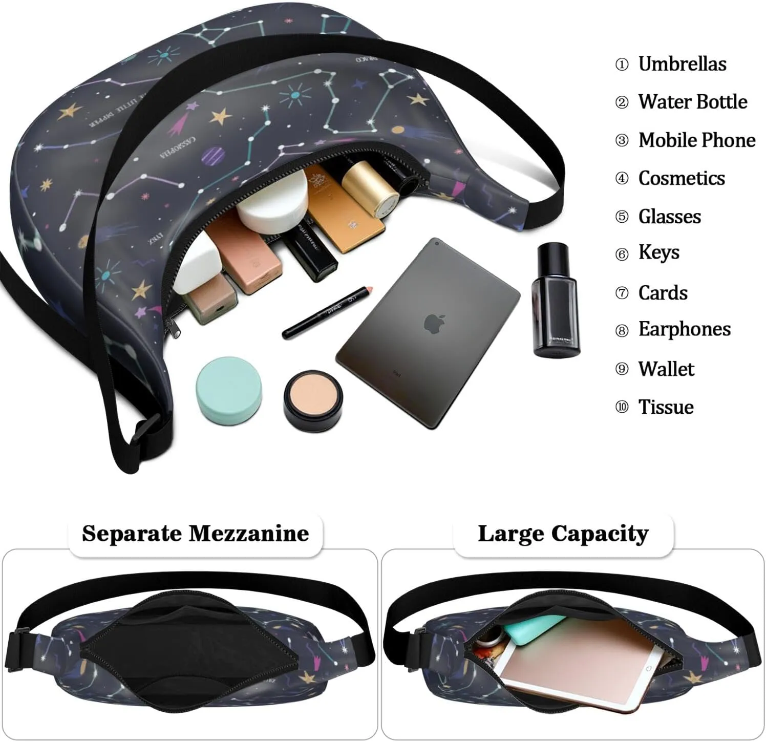 Space Sling Crossbody Bag for Women Crescent Bag with Adjustable Strap Waterproof Nylon Galaxy Shoulder Bag for Daily Work